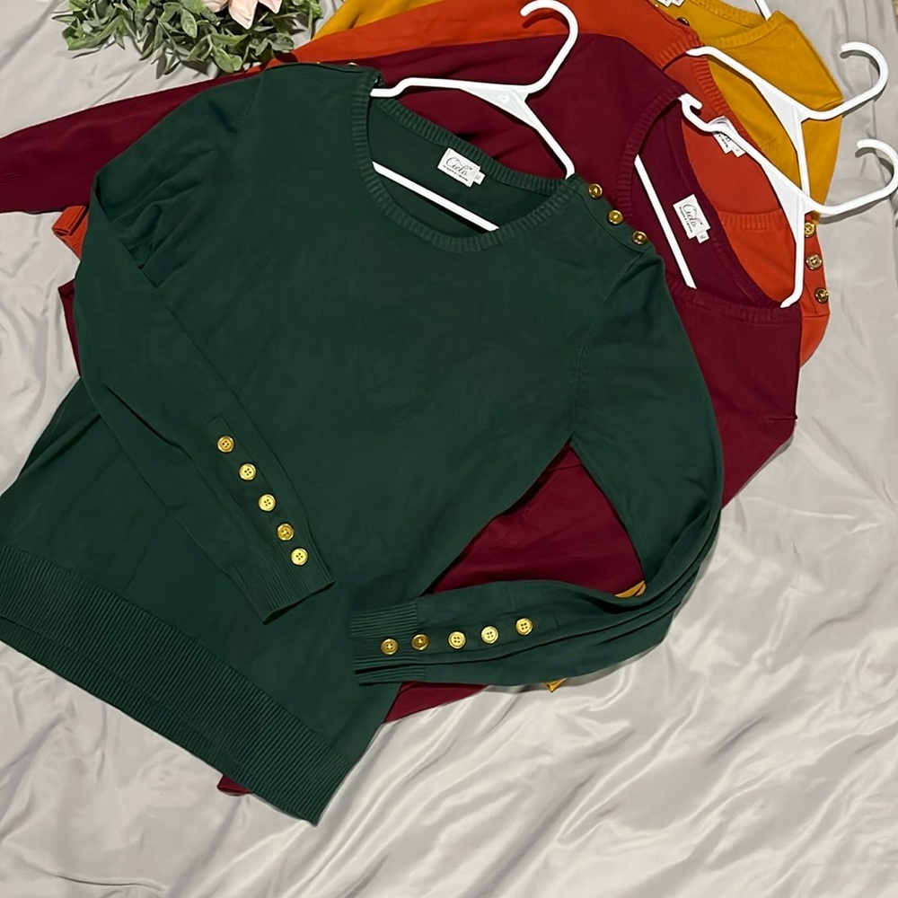 Chic Red Sweater with Gold Button Accents